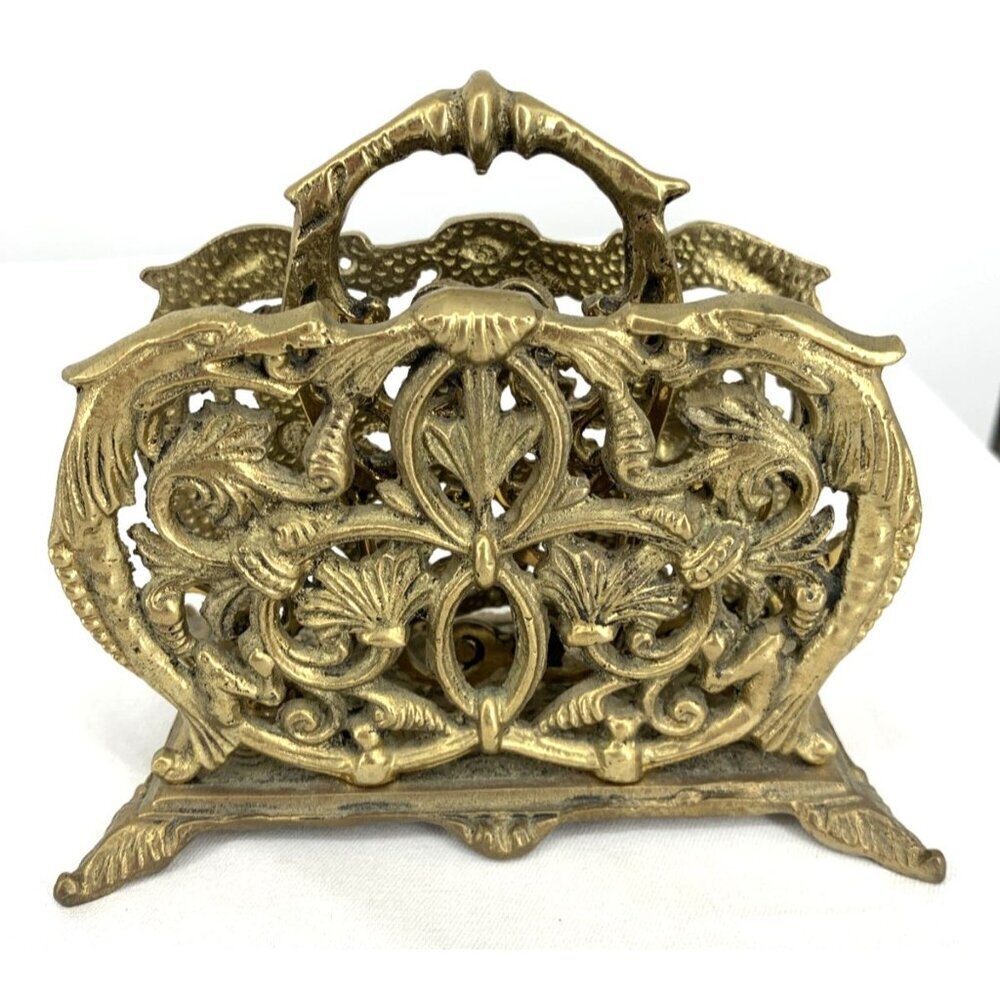 Brass Letter Napkin Holder Desk Organizer Floral Baroque Ornate Heavy 6"